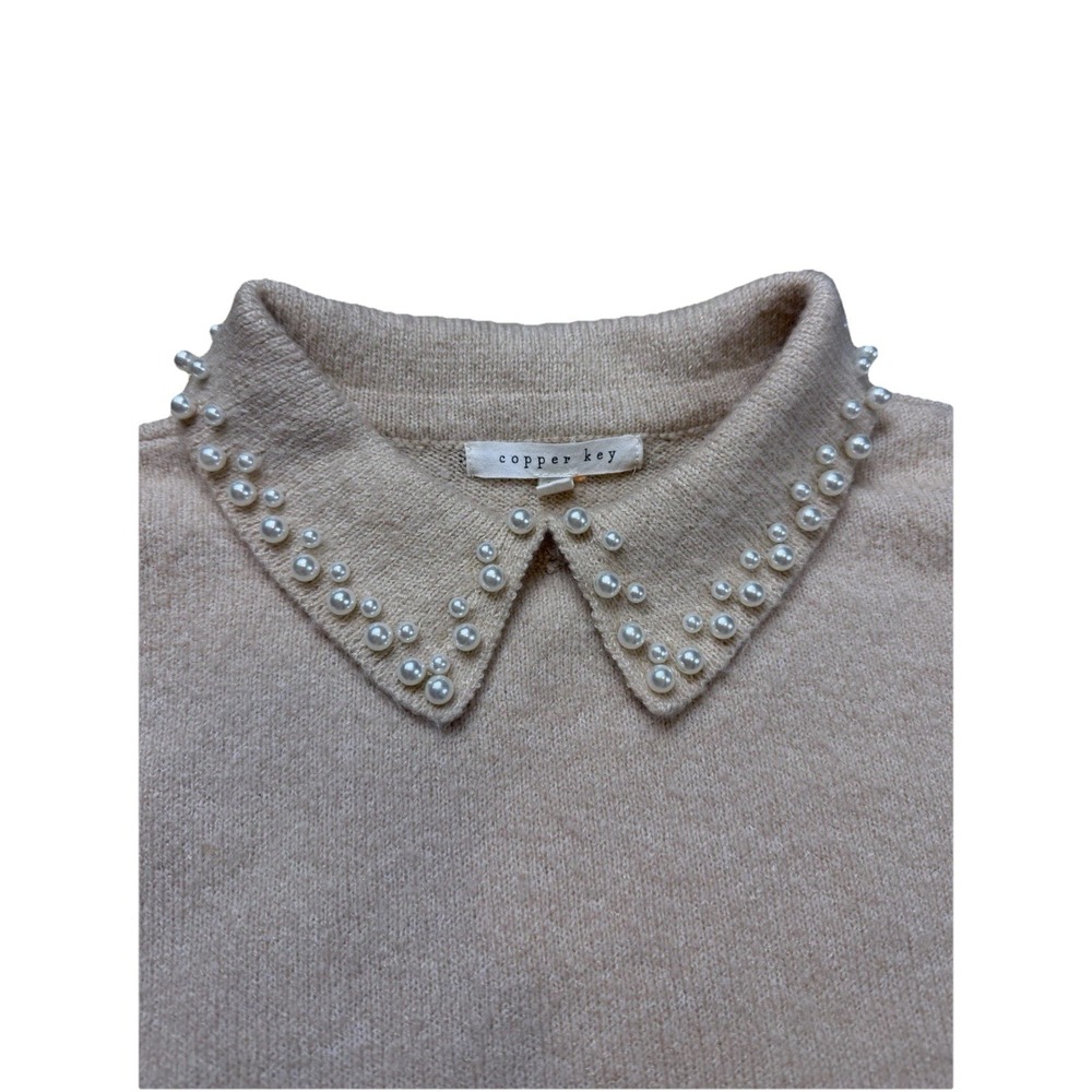 Copper & Key XL Baby Pink Tan Pearl Beaded Collar Sweater Pullover Preppy